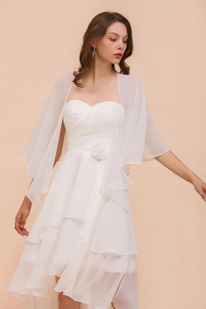 White Bridesmaid Dress Knee Length Two Layers of Wedding Guest Dress with Wraps