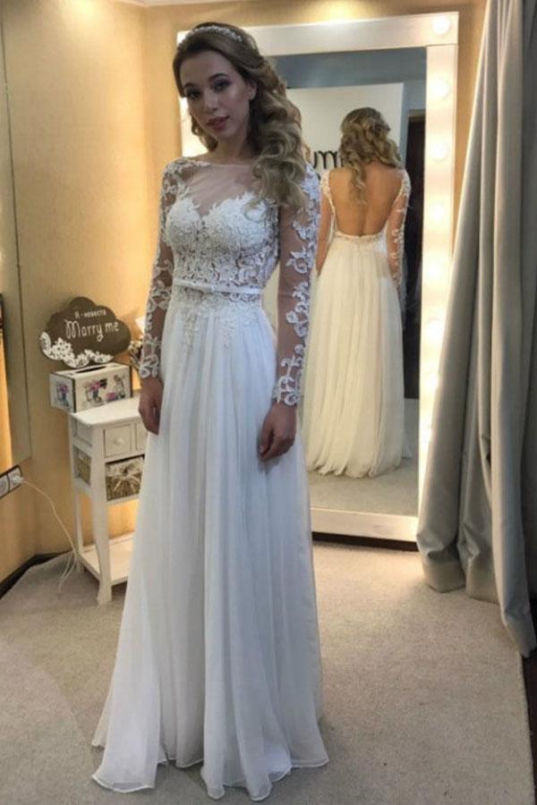 Ivory Chiffon Long Sleeve Backless Appliques Wedding Dress