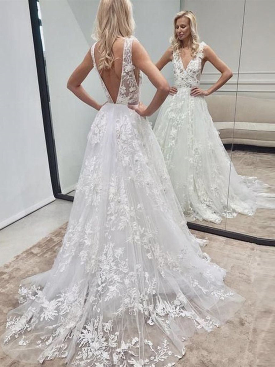 White Long A Line V Neck Backless Tulle Lace Wedding Dresses