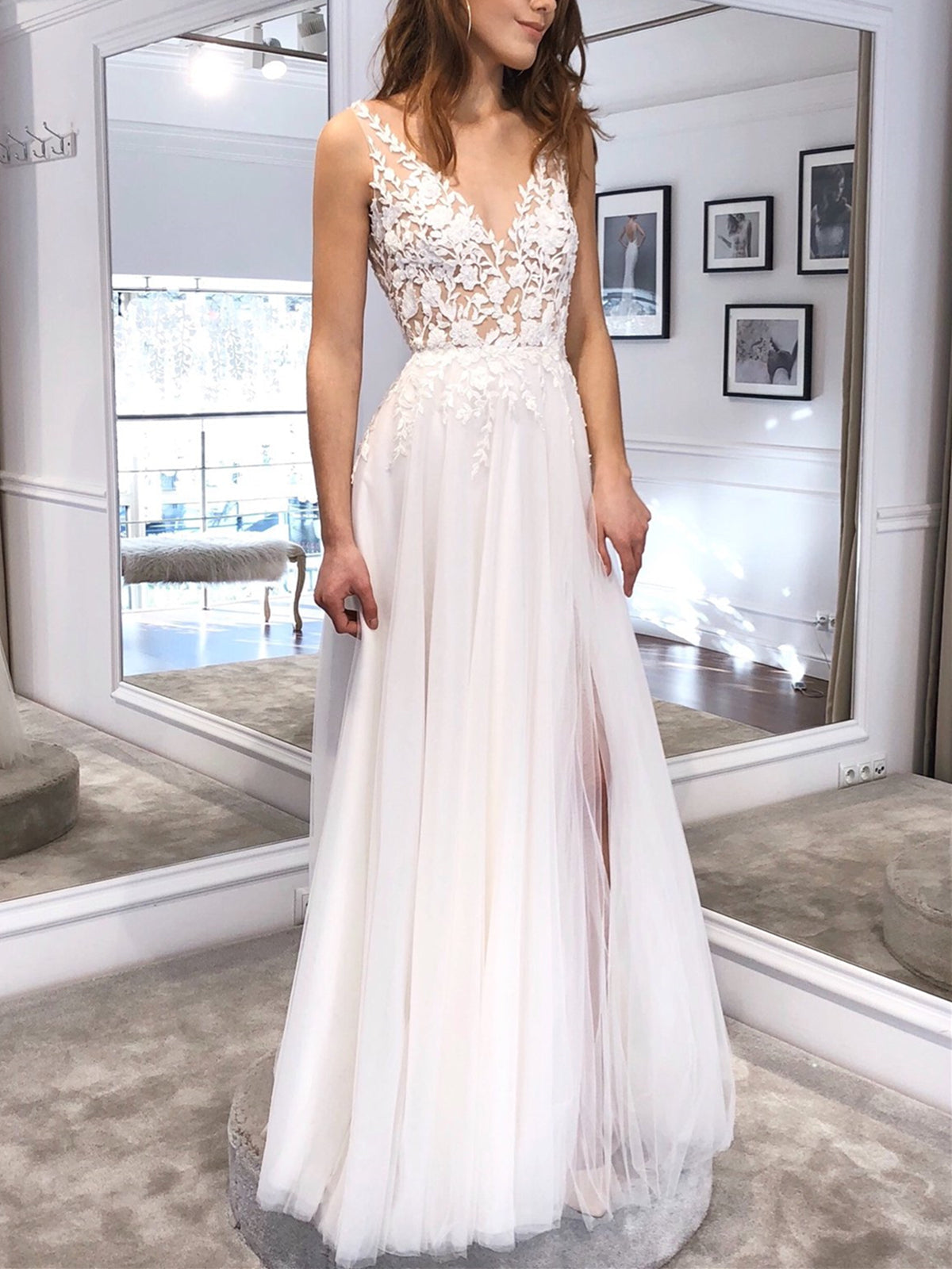 White Long A Line V Neck Tulle Backless Lace Prom Dress with Slit