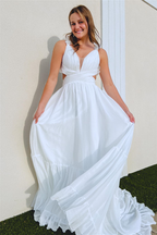 Ruffle Straps Pleated Cut-Out Deep V Long Prom Dress