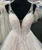 White Tulle V Neck Open Back Long Layered Wedding Dress