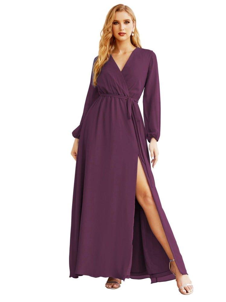 Women's Chiffon Bridesmaid Dress A line Long Sleeves Formal Evening Prom Gown for Wedding Guest SEA28032