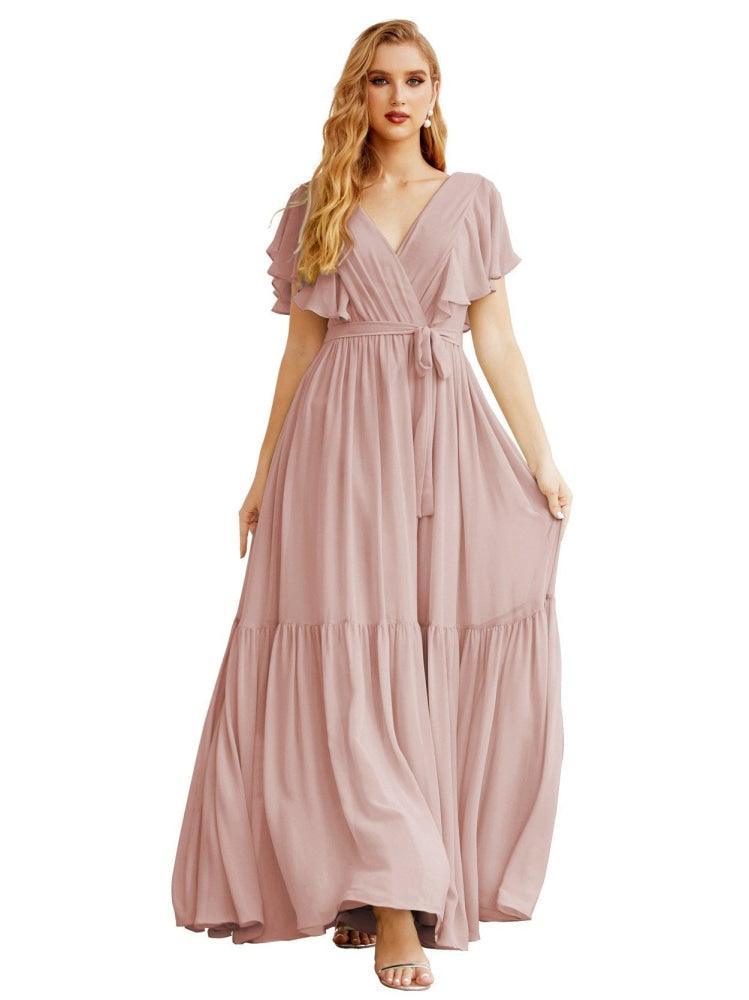 Women's Open Back Formal Evening Party Prom Gowns V-Neck Long Chiffon Bridesmaid Dresses with Waist Belt SEA28038