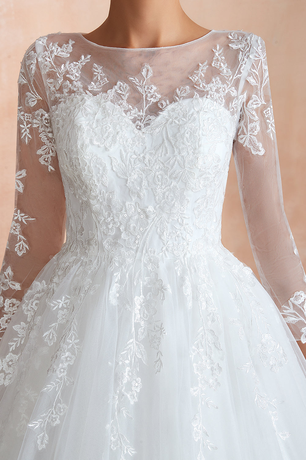 Wonderful Long A-line Appliques Tulle Wedding Dress with Sleeves