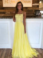 Yellow A Line Backless Sequins Chiffon Long Formal Prom Dresses