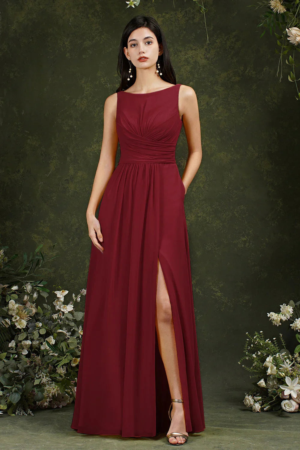 Yellow Bateau A-Line Chiffon Ruffles Split Floor-length Bridesmaid Dress With Pockets