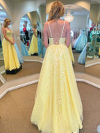 Yellow Long A Line V Neck Lace Tulle Open Back Prom Dresses with Appliques