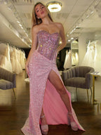 Yves | Pink Sweetheart Sequins Beaded Mermaid Long Prom Dresses